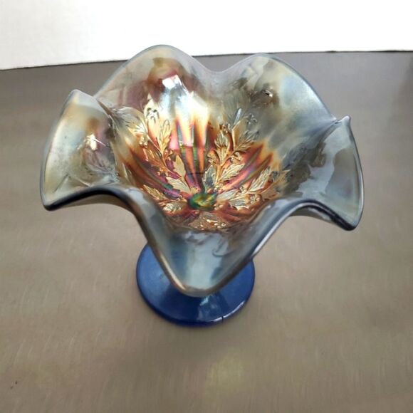 Vintage Fenton Cobalt Carnival Glass Ruffle Compote Rib Holly Footed Jelly Dish - Picture 6 of 8